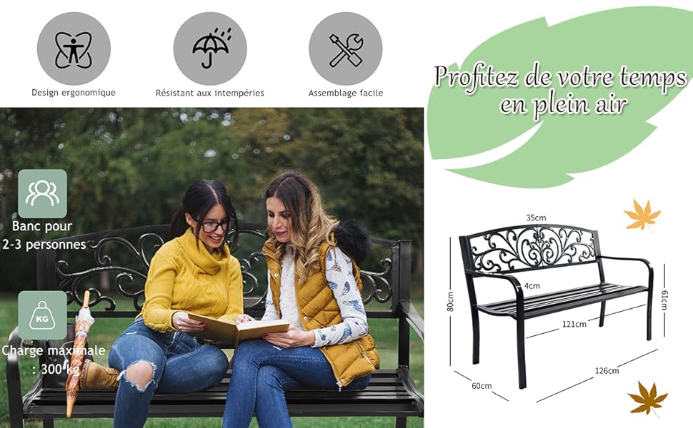 RELAX4LIFE Banc De Jardin En Fonte D’Acier Pour 2-3 Personnes, Résistant Et Confortable Avec Incliné Dossier Ciselé, Accoudoirs Arrondis Et Pieds Durables, Utilisation En Extérieur, Bronzé/Noir (Noir) 14 2