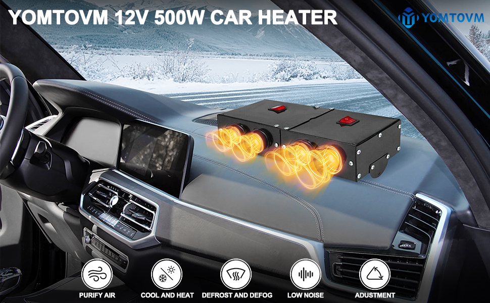YOMTOVM Portable 12V Car Heater Defroster, 500W 4 HOLE Car