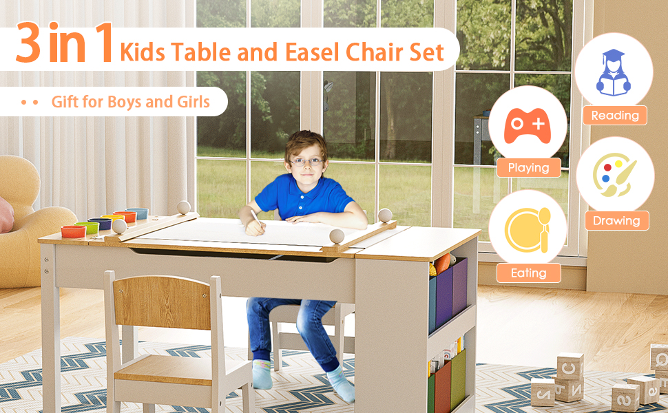 MODCART 3in1 Kids Art Table and Easel Chair Set with