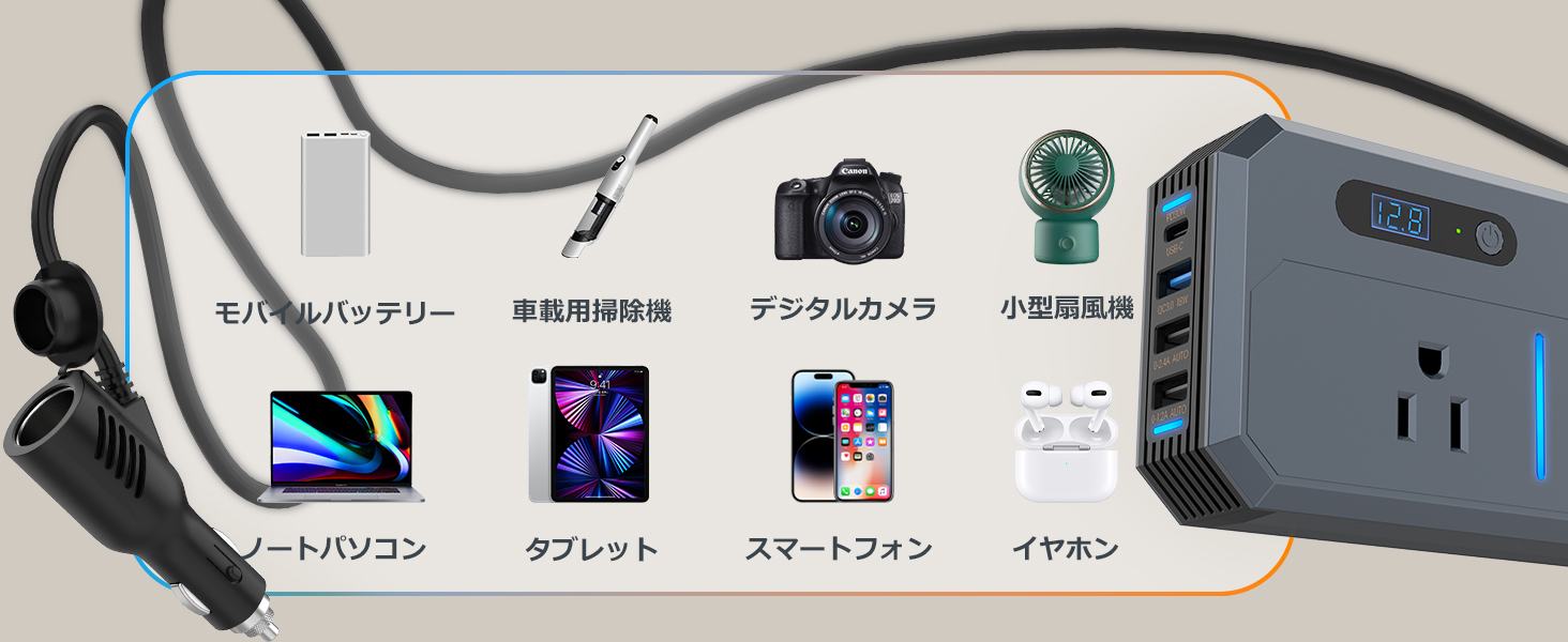 インバーター シガーソケット コンセント:DC11V-17Vを110V変換 TESSAN USB搭載 QC3.0/PD急速充電対応 車載用インバーター 200W11V-17V車専用 カーインバーター