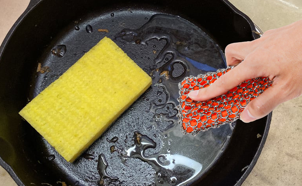 2in1 Chain Mail Cast Iron Scrubber Removable Cast Iron Pan Pot Cleaner Chainmail