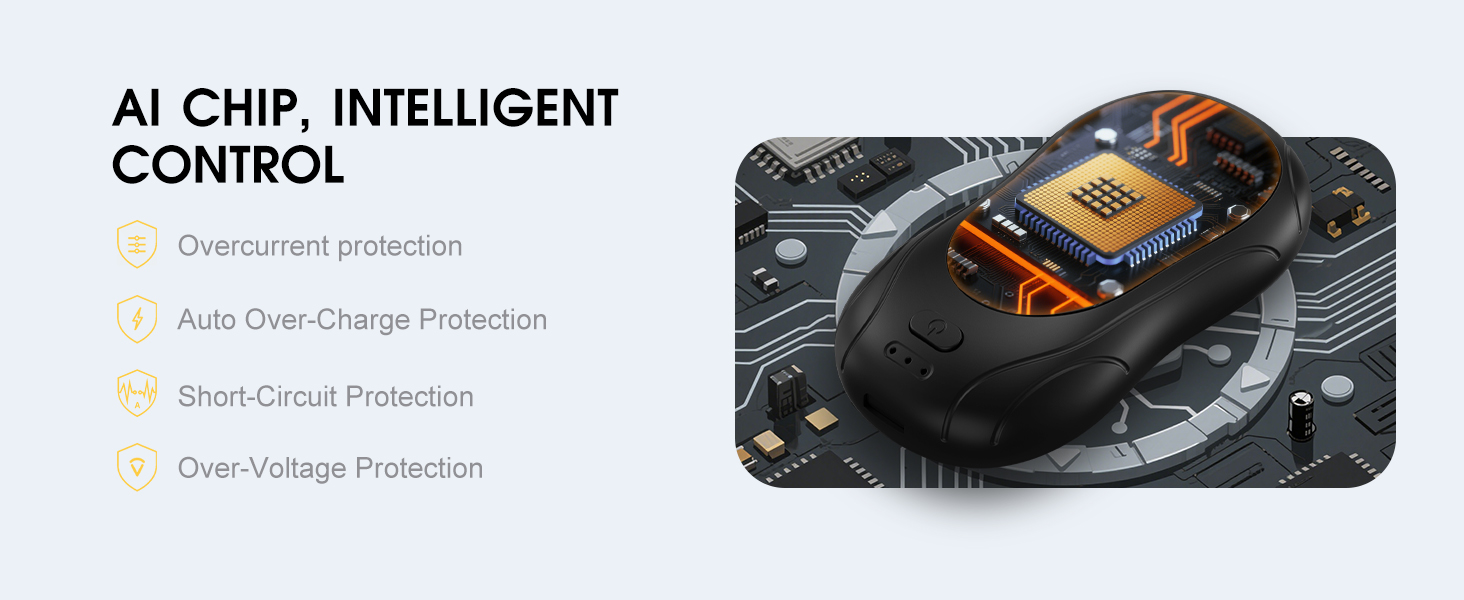 Text reads 'AI CHIP, INTELLIGENT CONTROL'. Technical product images showing electronic components and protective features with diagnostic indicators.