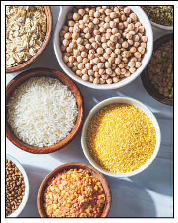 Vue aérienne de diverses céréales et légumineuses dans des bols en céramique, notamment du riz blanc, des pois chiches, de la semoule de maïs jaune, des lentilles rouges et d'autres