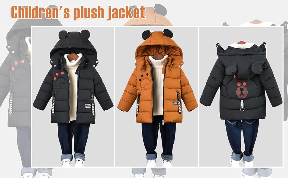 Three children's winter jackets with animal-themed hoods: white bear, brown tiger, and black cat. Padded design with fur-lined hoods and decorative details.