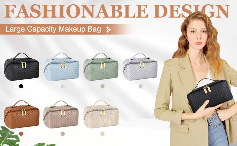 TEUEN Large Capacity Travel Cosmetic Bag, Lay Flat Makeup Bag, PU