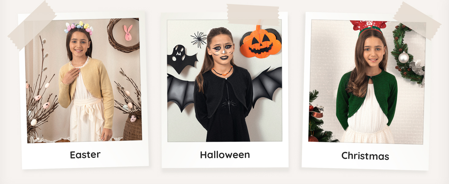 Three-panel image showcasing holiday-themed outfits. Displays Easter, Halloween, and Christmas looks with appropriate decorations in each panel.