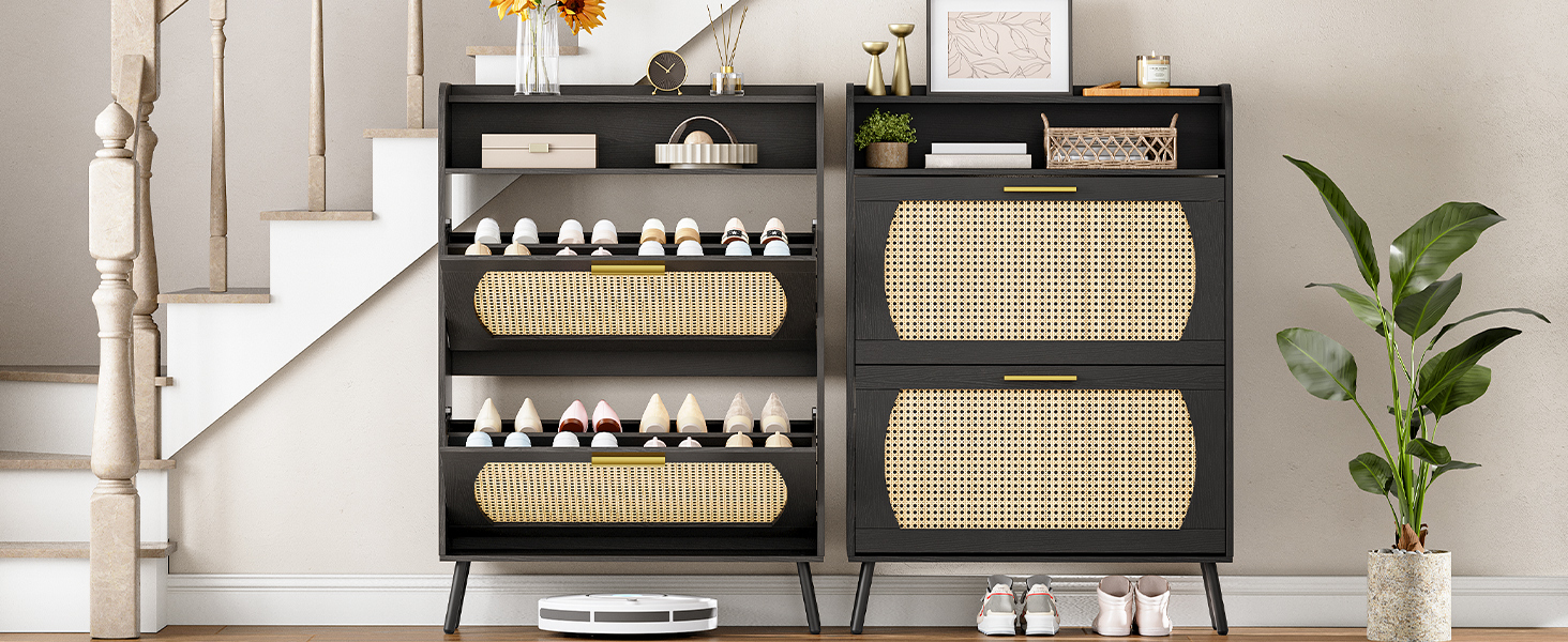 HOOBRO Rattan Shoe Shoe Storage with 2