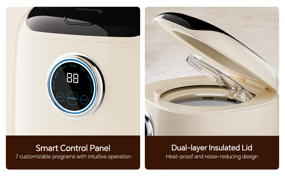 AHERO Fully Automatic Mini Washing Machine with Heated Wash, Spin Dry & Thermal Drying - 7L (1kg Capacity) Portable for Underwear, Socks, Baby Clothes 16 smart control pannel