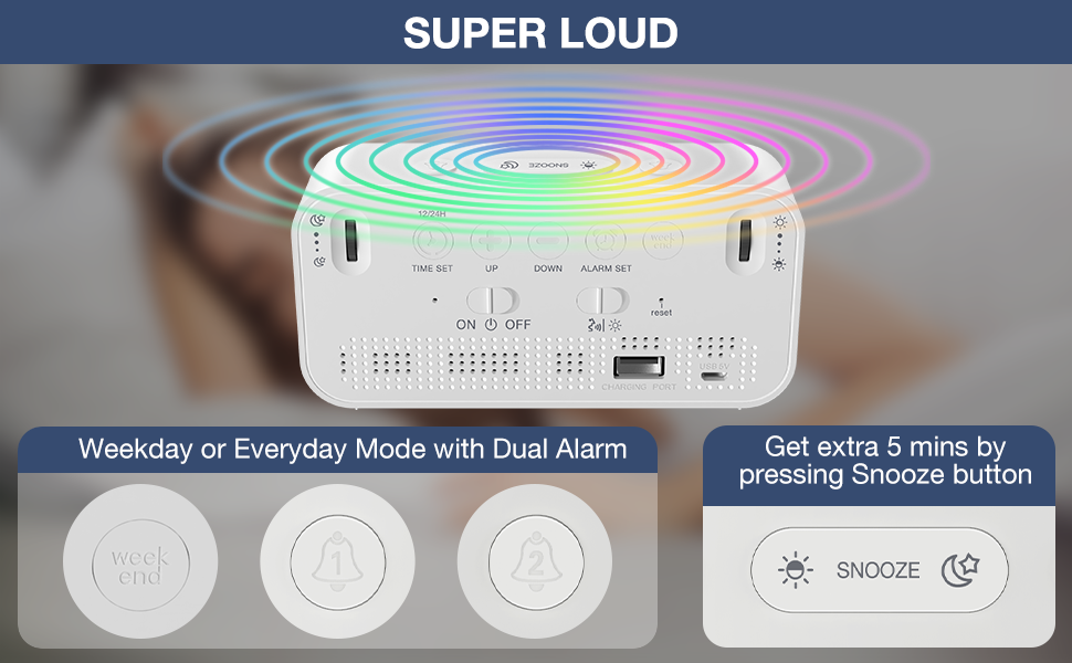 Joyvita Alarm Clock for Bedroom, RGB Digital Dual Alarm Clock with 7