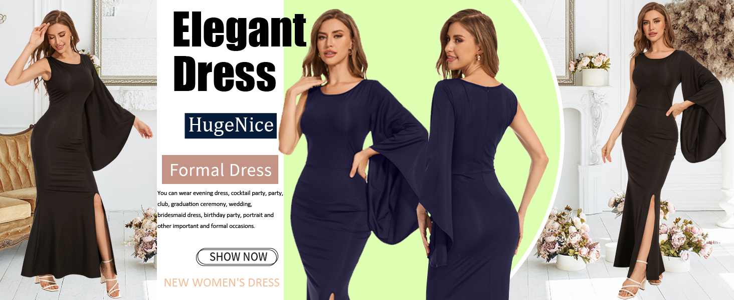 Women's Elegant One Bell Sleeve Side Split Bodycon Long Formal Evening Dress