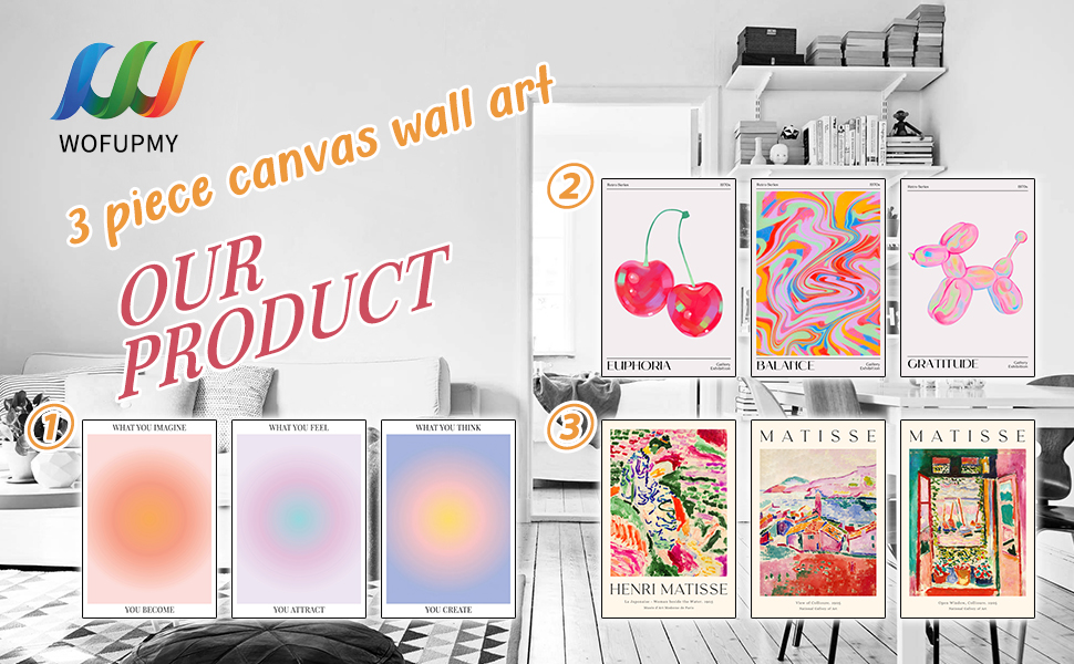 Set of 3 Colorful Paintings Print Artwork for Gallery Living Room