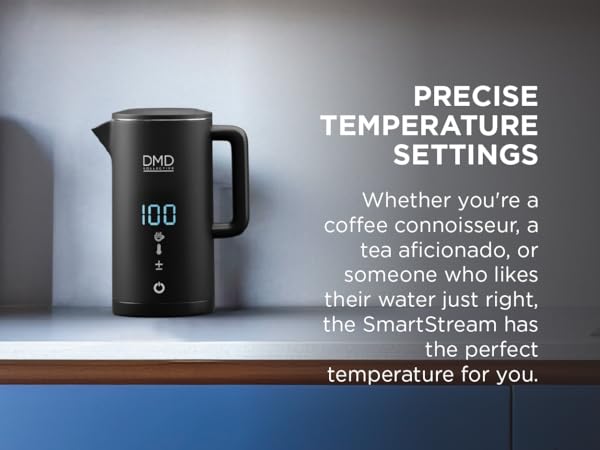 Smart electric kettle with digital temperature display showing 100 degrees. Black matte finish with LED screen and precise temperature control features.