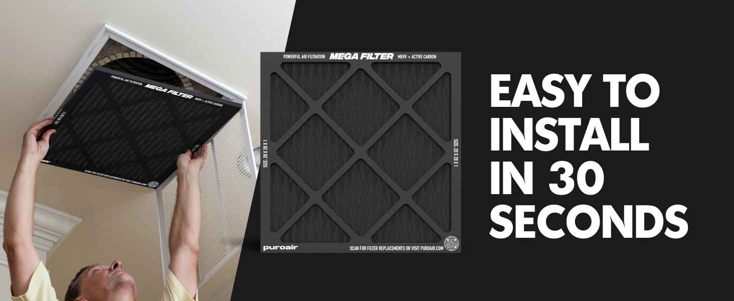 Air filters for home, PuroAir MERV 13 furnace filter, activated carbon; easy install in return vent