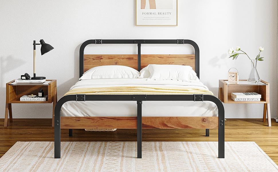 Breezehome Queen Bed Frame with Wooden Headboard, Heavy Duty Platform Metal, No Box