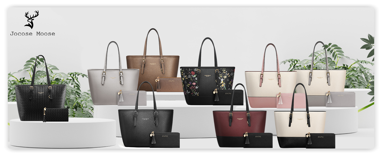Collection of women's handbags in various colors and styles, including totes and shoulder bags, displayed on white shelves with plants in the background.