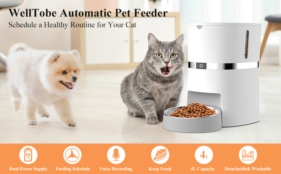 Automatic Cat Feeder, WellToBe Timed Pet Feeder Dry Food Dispenser for