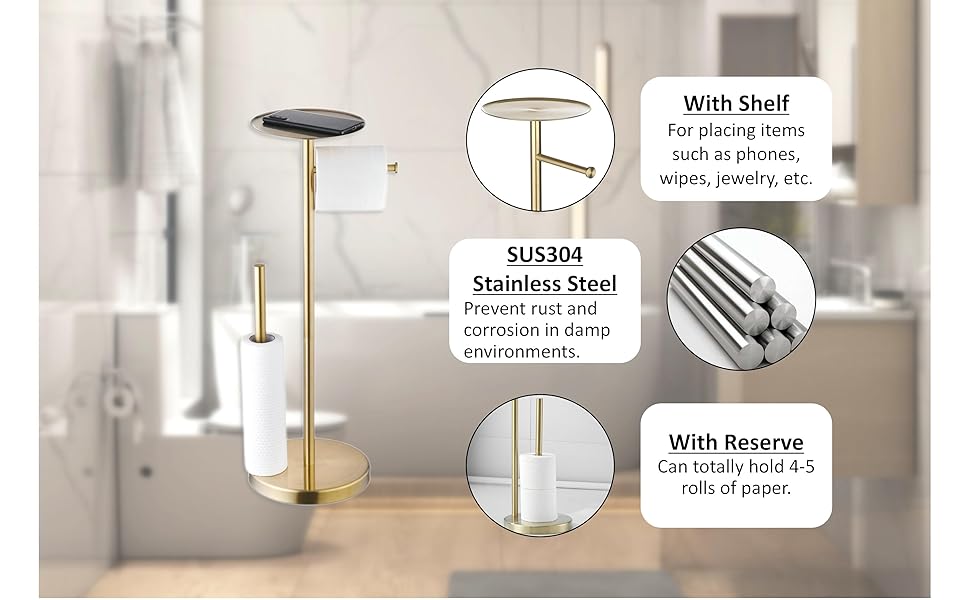 Free Standing Toilet Paper Roll Holder with Storage Reserve