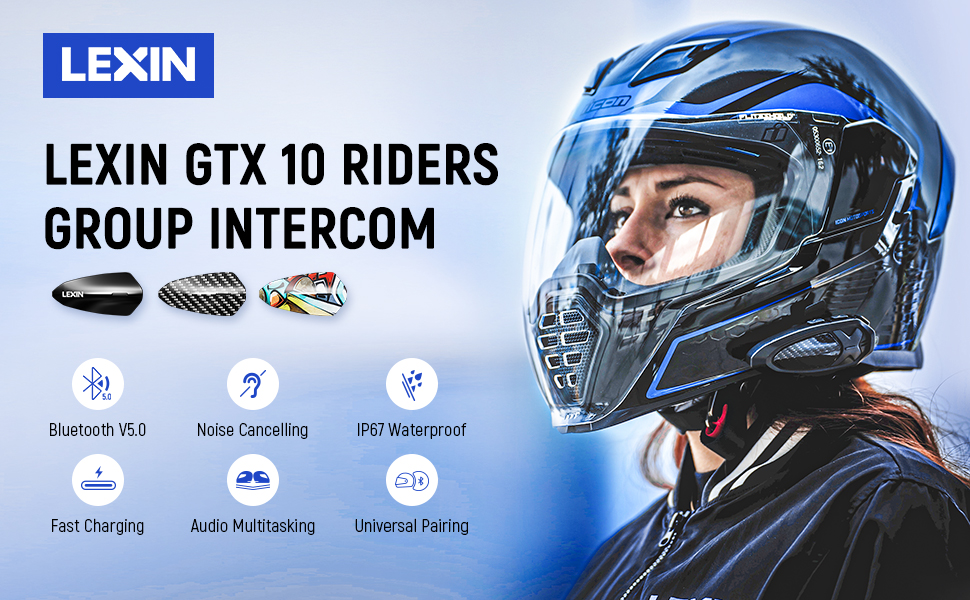 LEXIN 2pcs GTX 10Way Helmet Communication System, Motorcycle
