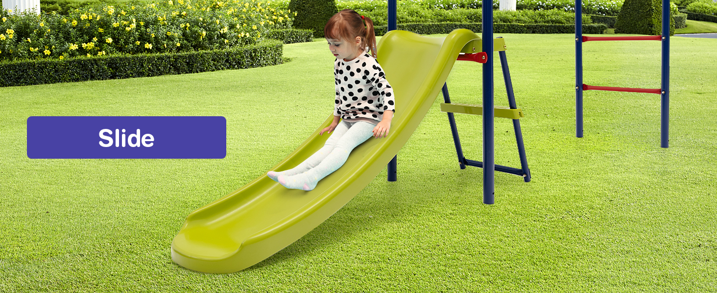 This metal swing set comes with a slide, 2 swings, a glider, trapeze rings, monkey bar