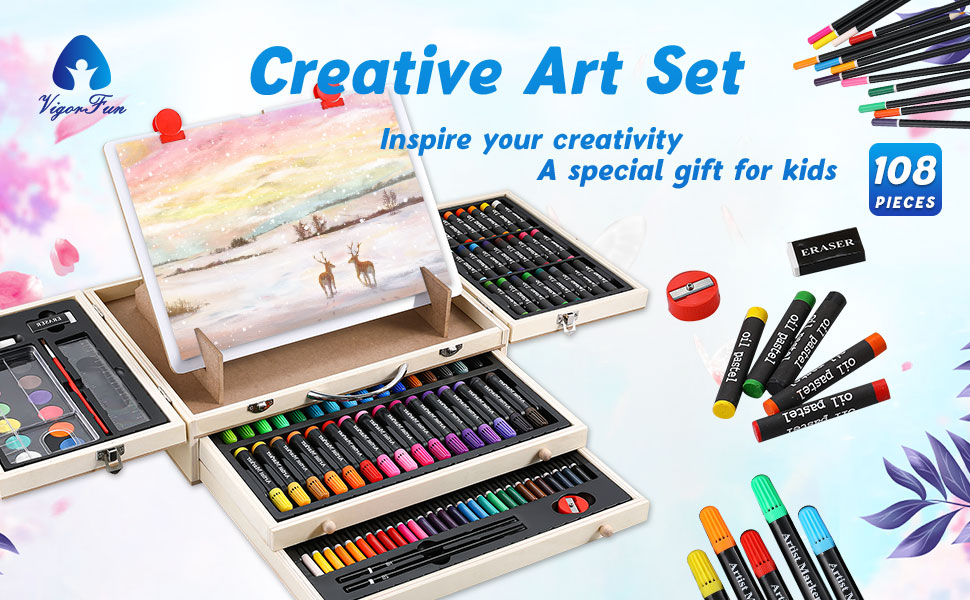 Art Supplies, 108Piece Wooden Art Set Crafts Kit with