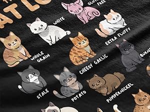Close-up of “Types of Cat Loaf” T-shirt showing cartoon cats named after different bread types.