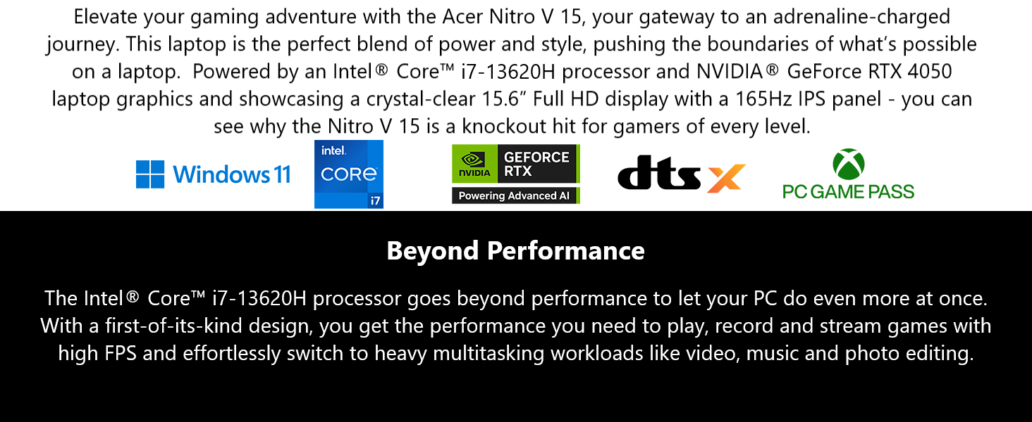 acer nitro V Intel; RTX laptop; 15.6” gaming laptop; Intel gaming laptops; DDR5; RTX 40; Creator