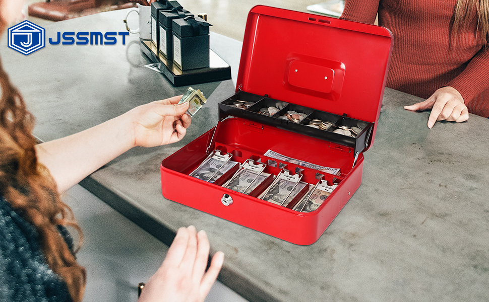 Jssmst Cash Box with Money Tray and Lock Red Cash Box with Key Lock Safe Money Box