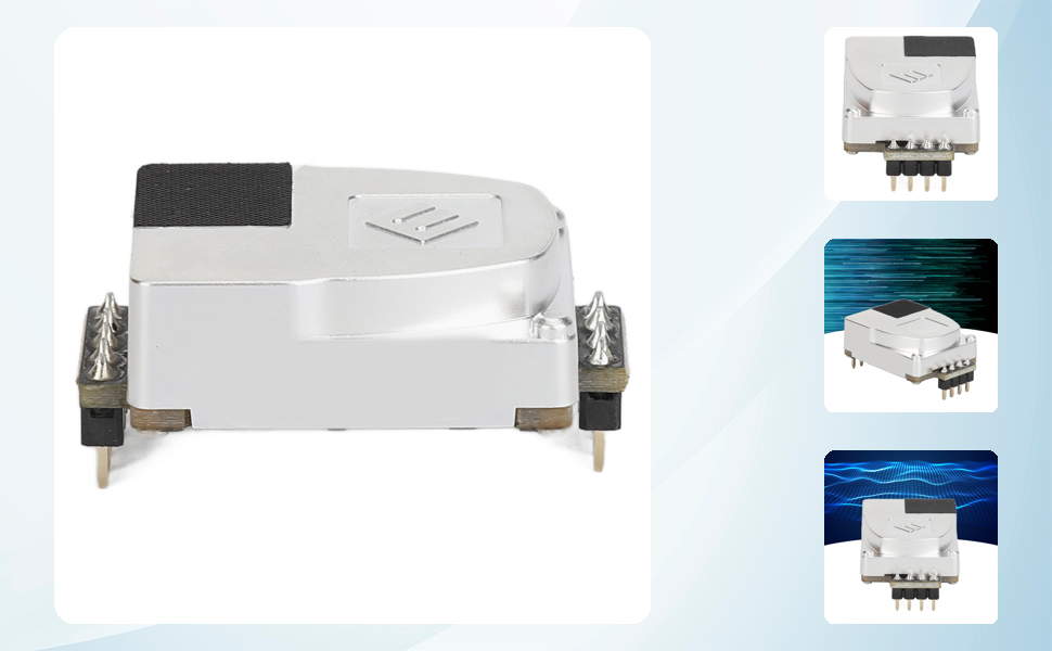 Vistas múltiples de un dispositivo electrónico o adaptador blanco con soportes de montaje y puertos de conexión mostrados desde diferentes ángulos.