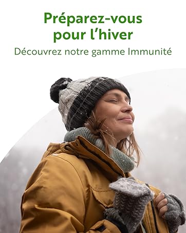 Le texte indique « Préparez-vous pour l'hiver » et « Découvrez notre gamme Immunité ». Images promotionnelles de bien-être sur le thème de l'hiver montrant une personne en vêtements d'hiver.