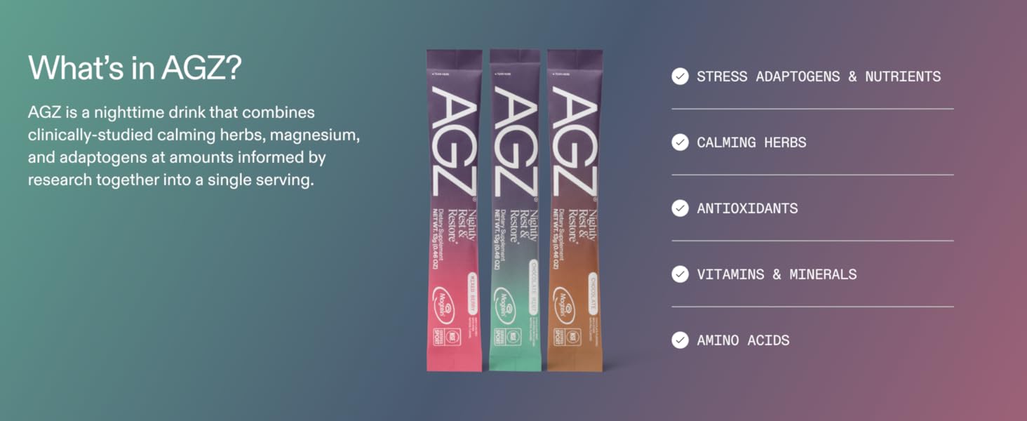 whats in AGZ? stress adaptogens, herbs, vitamins, antioxidants, amino acids