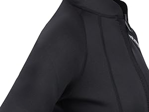 Close-up of black athletic garment shoulder, showing seam details and fabric texture. Appears to be a performance top or jacket.