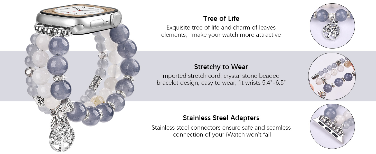 Handmade Natural Crystal Stone Beads Stretchy Band for apple iWatch Band