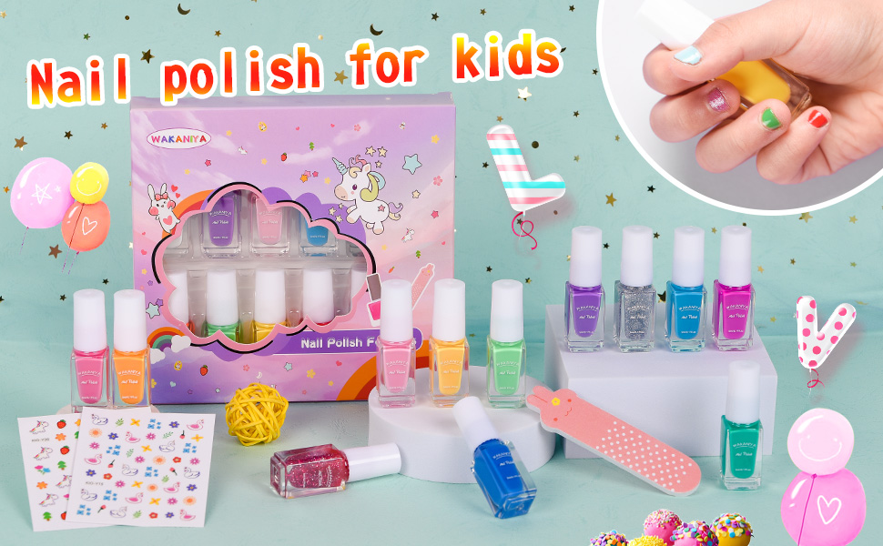 wakaniya Kids Nail Polish, 12 Rainbow Colors PeelOff Quick Dry Nail Polish Set with Nail Art