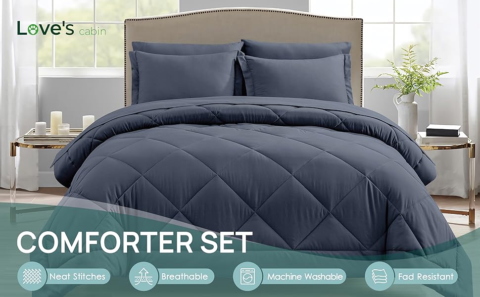 Love's cabin King Size Comforter Set Navy Blue, 7 Pieces