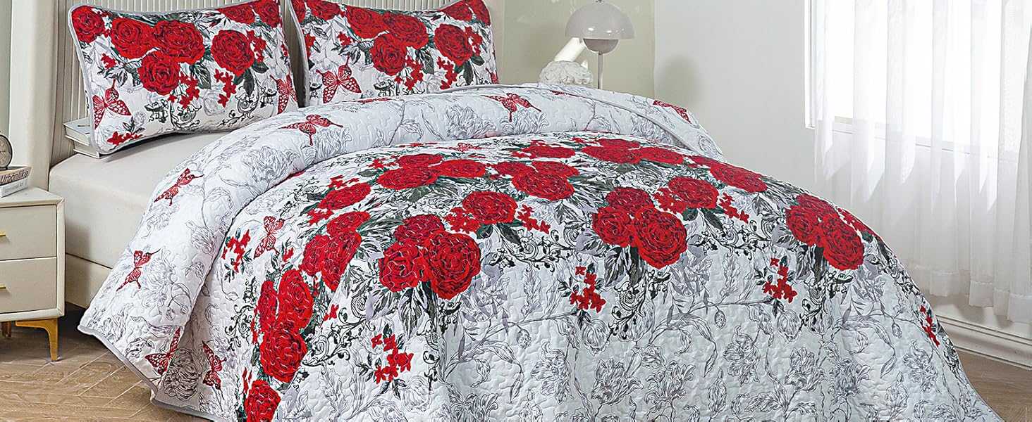 Luxudecor Red Floral Quilt Set Queen, 3 Pieces White Quilt