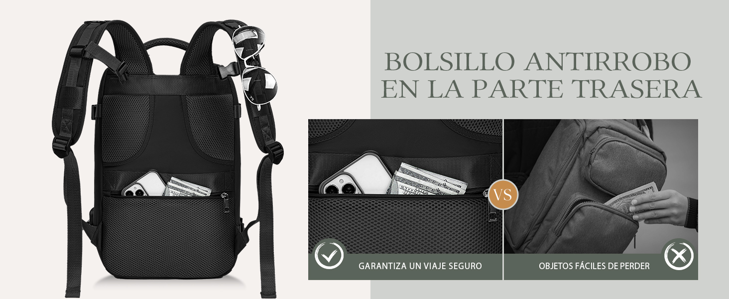 con bolsillo trasero oculto que se muestra en dos imágenes, que muestran el almacenamiento seguro de objetos valiosos, como una cartera y un pasaporte