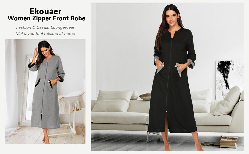 Ekouaer Women Zipper Robe 3/4 Sleeves Loungewear Full Length Sleepwear