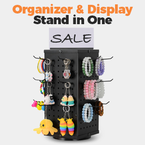 metal rotating countertop pegboard display is a retail and show display and organizer in one