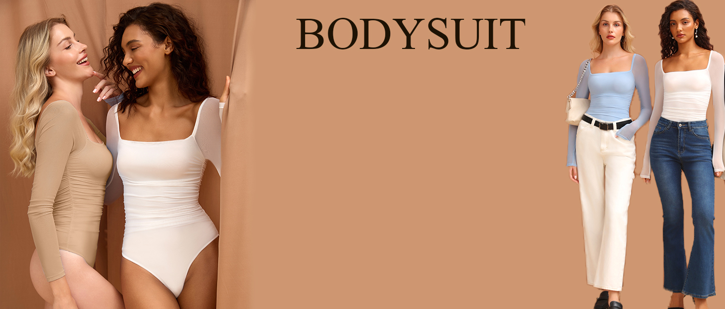 mesh long sleeve bodysuit fo women square neck outfit