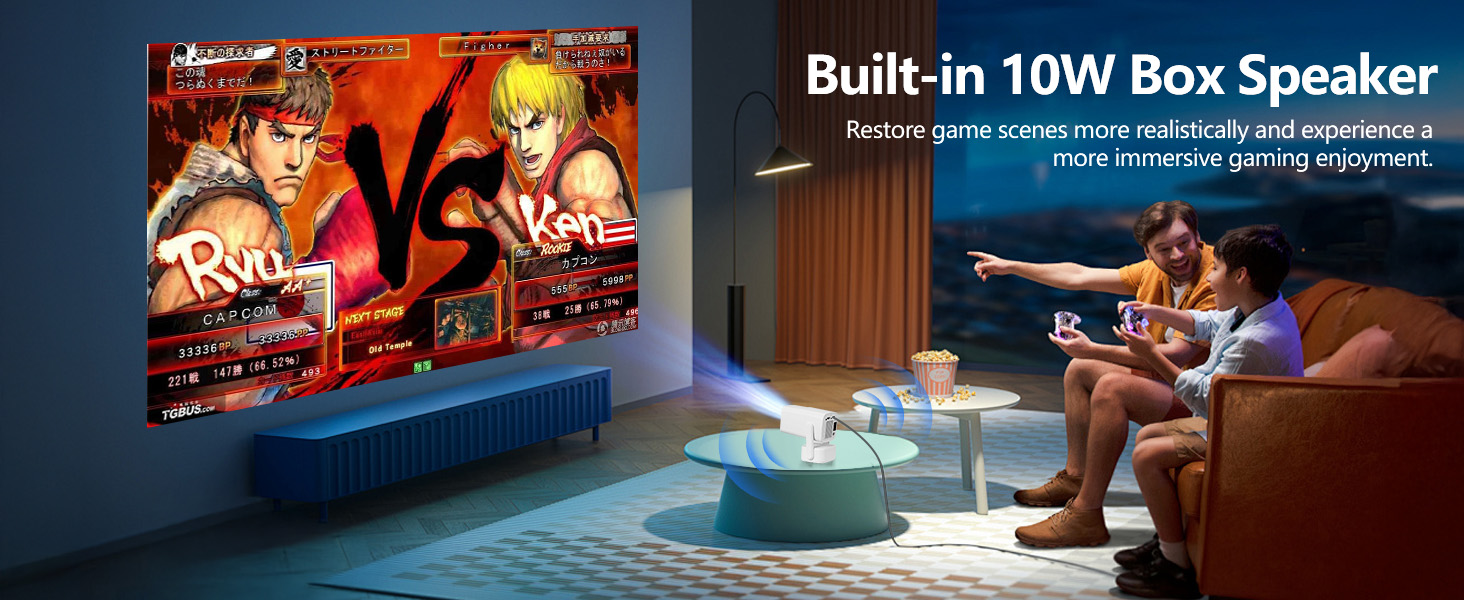 Le texte indique « Haut-parleur intégré de 10 W ». Plusieurs images promotionnelles montrant un appareil ou un système utilisé dans divers environnements de divertissement à domicile.