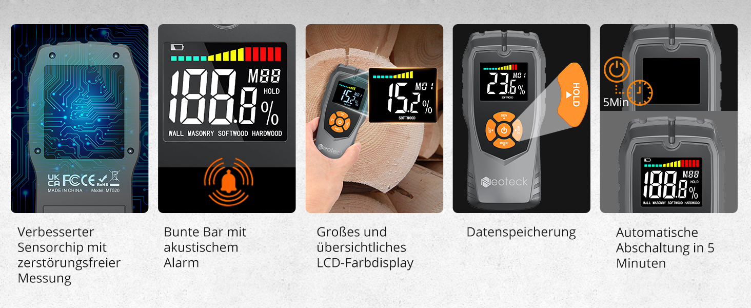 Das digitale Gerätedisplay zeigt mehrere Messbildschirme an, darunter LCD-Displays, Temperaturmesswerte und Alarmfunktionen mit beleuchteten Symbolen.