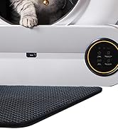 Automatic pet feeder with a digital control panel. The white device features a circular opening through which a cat