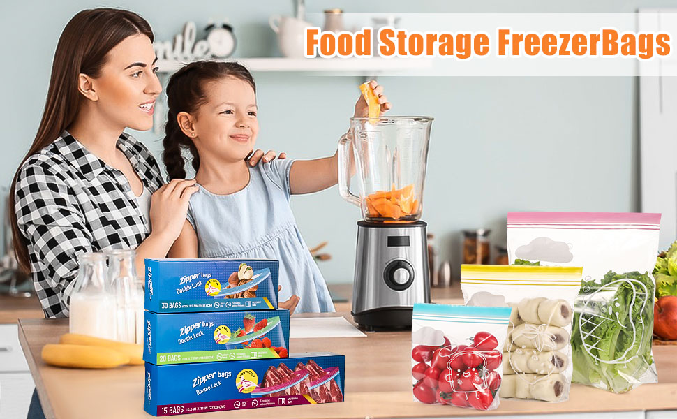 65Pcs Freezer Bags, Sandwich Bags Three Size Food Storage Bags Double