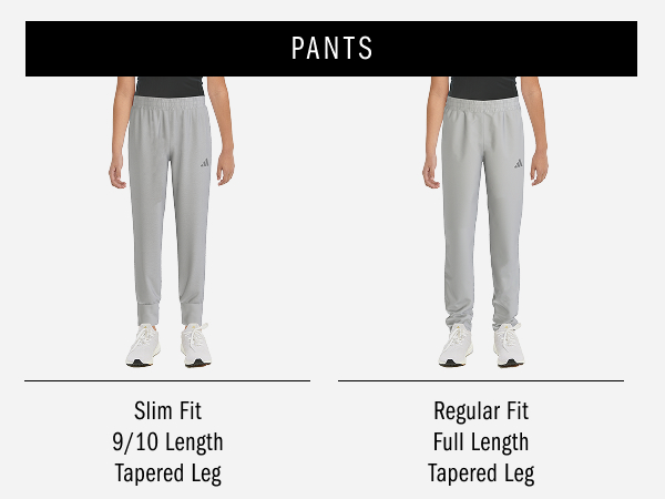 Pants: Slim Fit 9/10 Length Tapered Leg, Regular Fit Full Length Tapered Leg