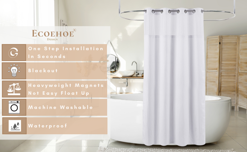 Ecoehoe Hotel Grade Waffle Weave Fabric Hook Free Shower Curtain with Snapin Liner