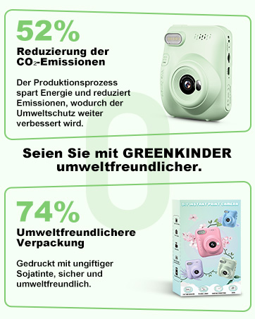 Infografik, die eine Sofortbildkamera mit einer Reduzierung der CO2-Emissionen um 52% und einer umweltfreundlichen Verpackung von 74% zeigt. Grüne Kamera und farbenfrohe Kamerabox abgebildet. Der Text wirbt für die Umweltvorteile von Produktion und Verpackung.