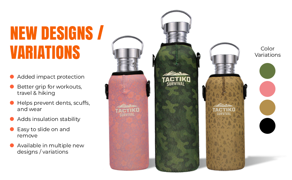 Insulated water bottles shown with patterned protective covers in different colors.