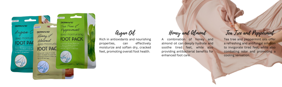 Foot pack in argan oil, honey and almond, and tea tree and peppermint.
