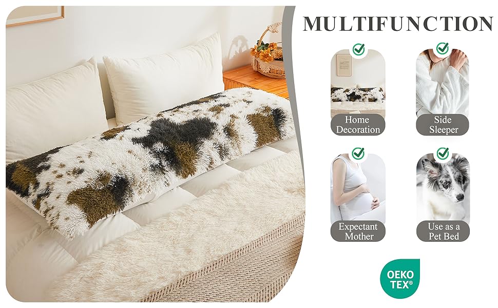 XeGe Long Fluffy Body Pillow Cover, Cow Print Faux Fur Bolster Pillow