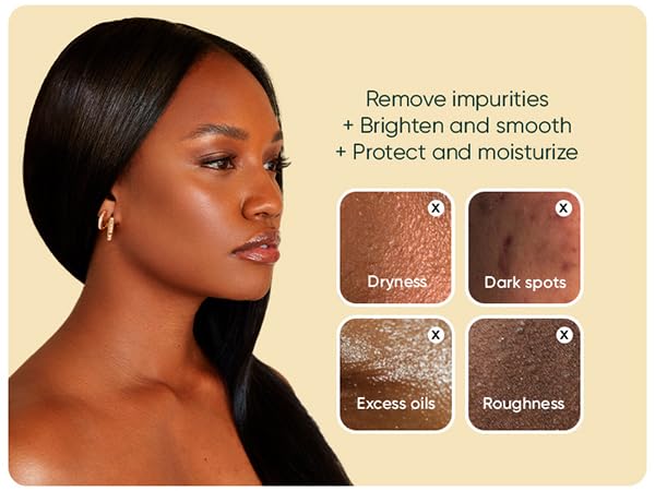 Fights back excess oils, dark spots, rough texture and dryness